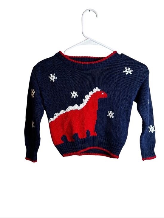 Kitestrings Other - Vtg Kitestrings Toddler Christmas Dinosaur Knit Sweater Navy Red Snowflake 4T